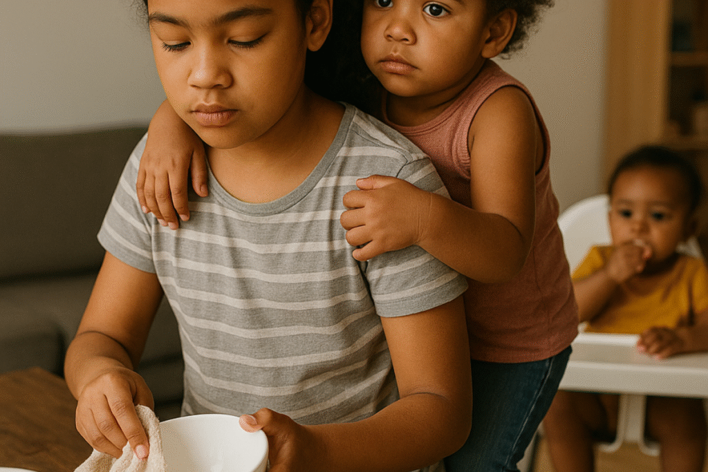 Child Managing Household Tasks While Caring for Siblings