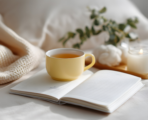 Open journal on a bed with a yellow cup, candle, and soft blankets nearby.