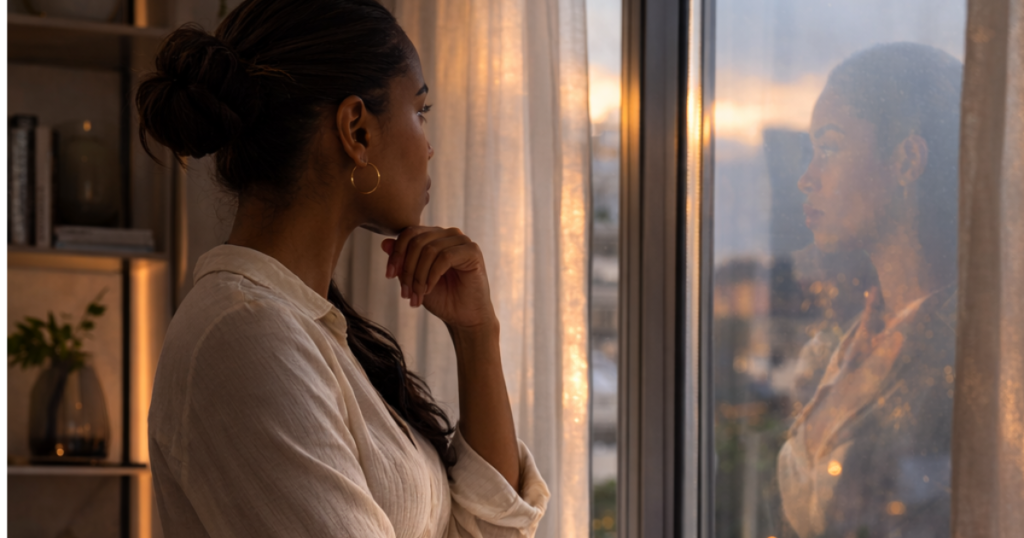 A brown woman with long, soft waves stands by a large window in a modern home, holding a sheet of paper while gazing outside thoughtfully.