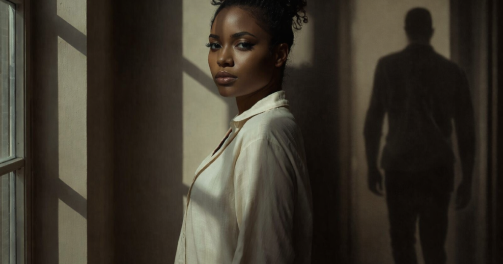 use this image recreate an shadow of a black handsome man walking out the door