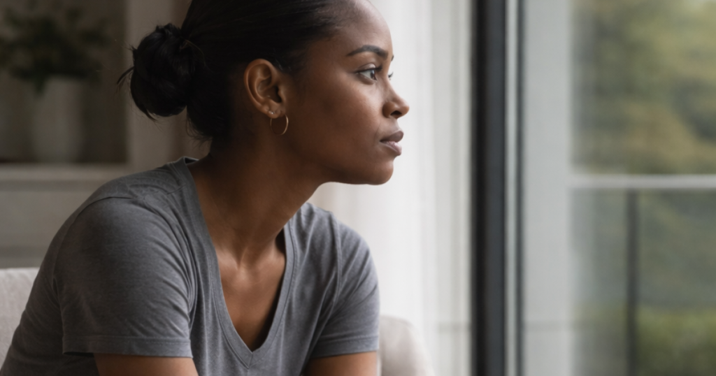 A brown woman sits in a modern home by a large window, gazing outside with a reflective expression as soft natural light falls across her face.