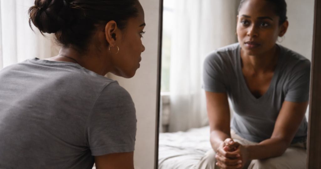 A brown woman sits on the edge of her bed facing a full-length mirror, studying her reflection in a softly lit bedroom.