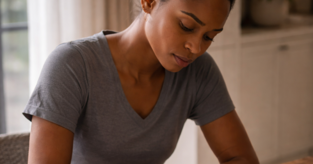 A brown woman with her hair down sits at a wooden table in a softly lit home, writing in an open journal with focused calm.