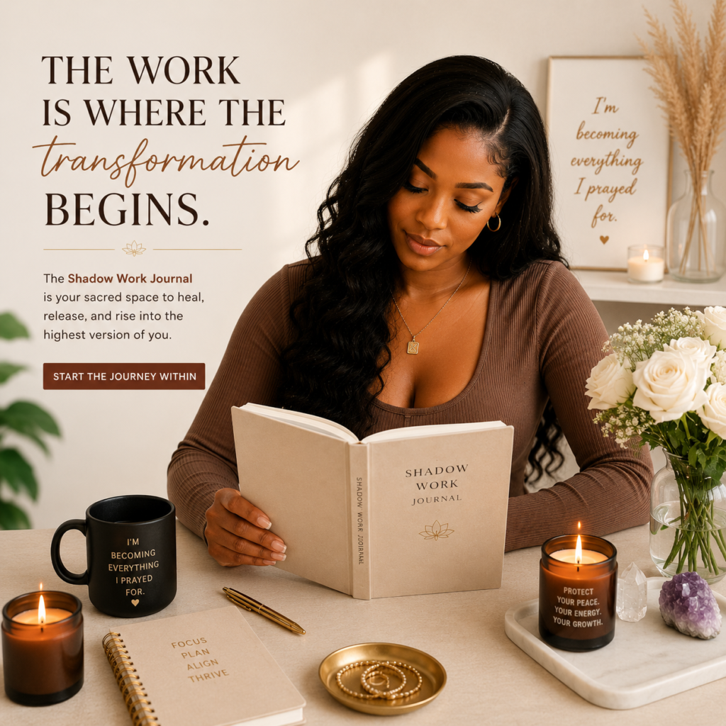 Young Black woman journaling at a desk with a shadow work journal, reflecting on personal growth, healing, self-discovery, and emotional wellness in a warm, peaceful setting.