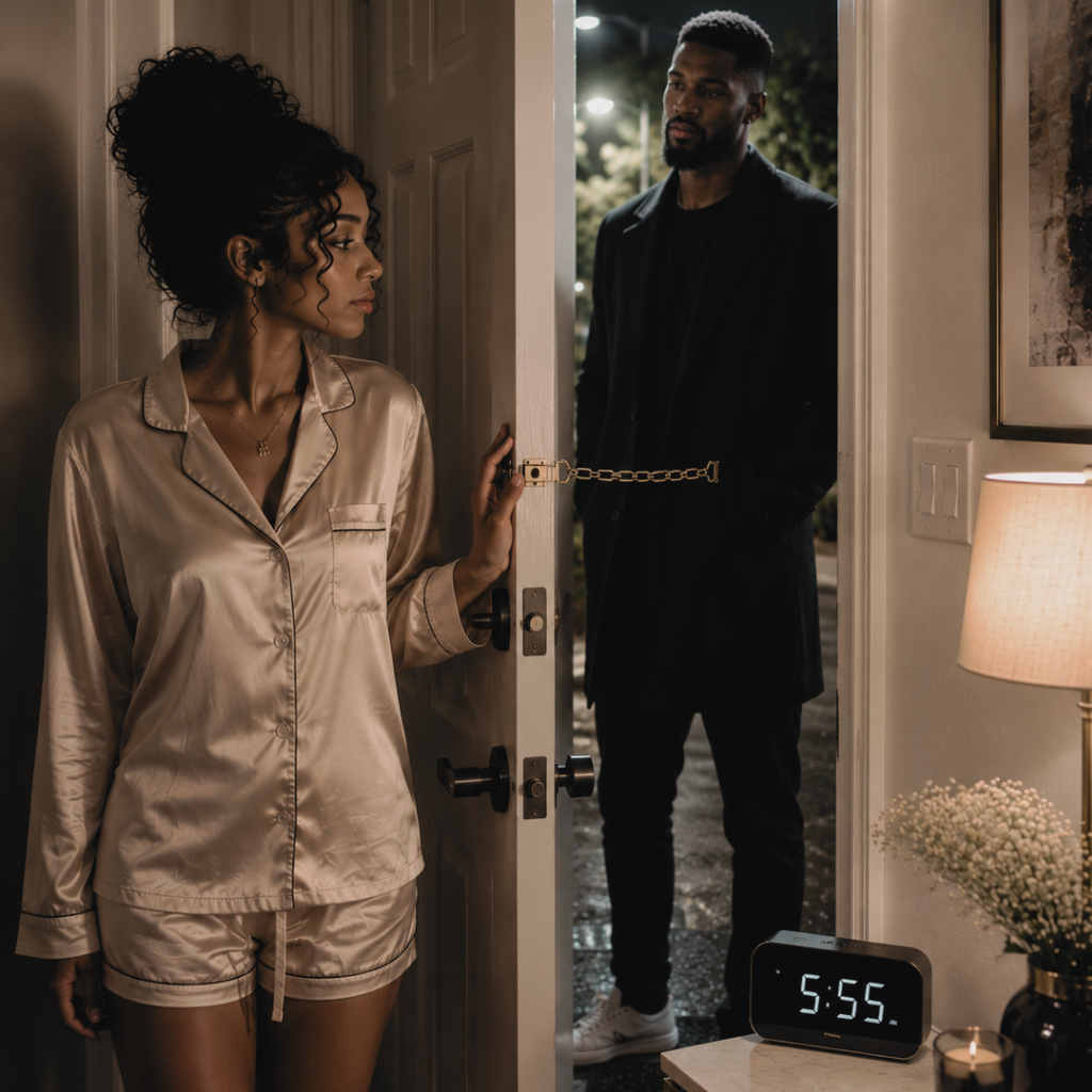 Mature woman in satin pajamas stands at a partially open door with a chain lock, looking at a tall man outside as a clock displays 5:55 during a late-night relationship dilemma.