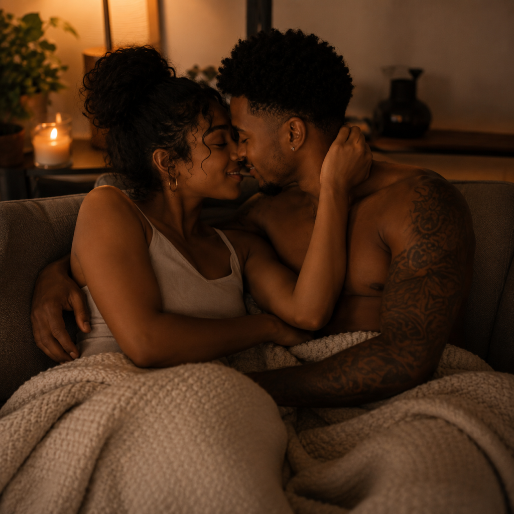 Couple lying in bed embracing, illustrating the emotional intimacy and uncertainty often experienced in a situationship.